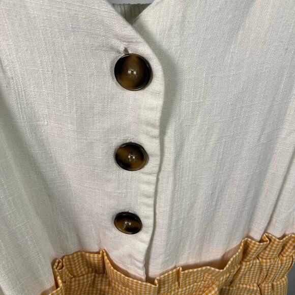 &Merci Gingham Paperbag Waist Tie Romper Size M Yellow White Button Front - Picture 2 of 11